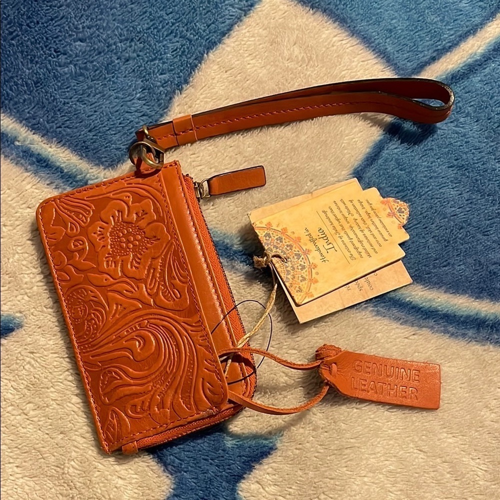 Embossed Leather Wristlet in Rich Brown